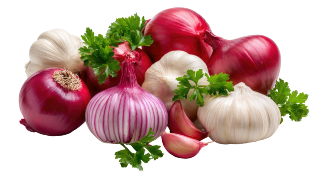 Garden's Bounty: An enticing assortment of fresh red onion and garlic, adorned with sprigs of vibrant parsley. This image represents the freshness and natural essence of the ingredients.