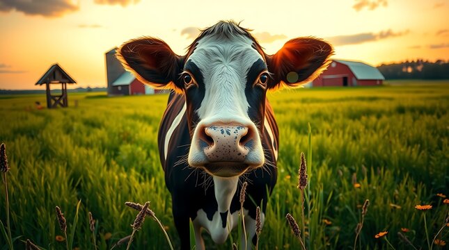 A cow standing in a field at sunset on a farm