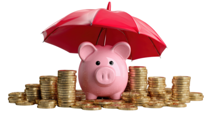 Protected Savings: A piggy bank stands securely sheltered under an umbrella, flanked by stacks of coins, symbolizing financial security and the preservation of wealth.