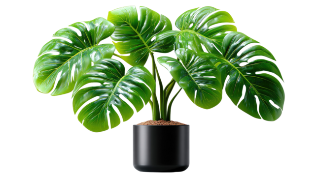 Monstera Plant: An inviting indoor scene of a lush monstera plant in a simple black pot, with its striking, patterned leaves radiating freshness and natural beauty.