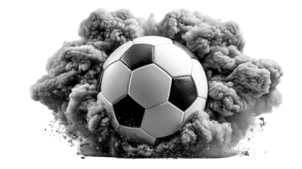 Soccer Ball and Cloud: A dynamic soccer ball emerges from a cloud, captured mid-action, a powerful emblem of energy and sporting enthusiasm. 