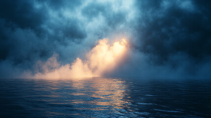 Stormy Sea at Sunset with Dark Clouds and Fog