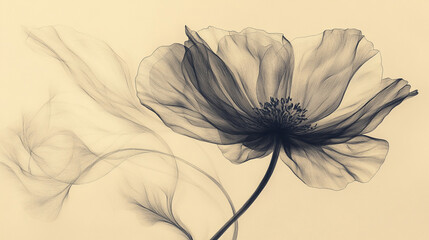Translucent poppy flower with ethereal smoke on beige backdrop