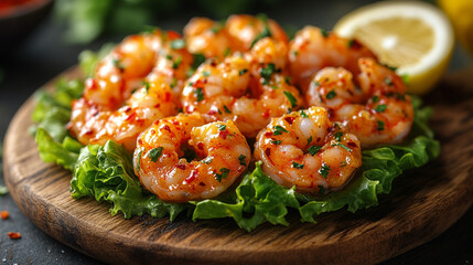 Spicy Grilled Shrimp on Lettuce, Wooden Board, Dark Background