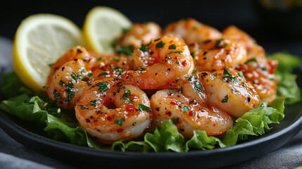 Spicy Garlic Shrimp with Lemon on Lettuce