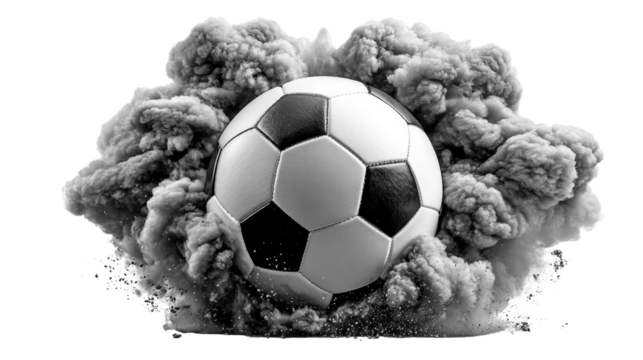 Soccer Ball and Cloud: A dynamic soccer ball emerges from a cloud, captured mid-action, a powerful emblem of energy and sporting enthusiasm. 