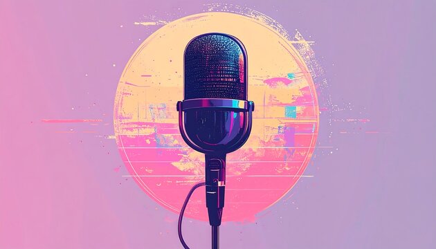 A retro-style illustration of a vintage microphone. A glitch effect is added to a circle in the background with pastel colors