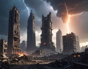 A post-apocalyptic cityscape with ruined skyscrapers under a stormy sky, lightning strikes illuminate the scene and destruction
