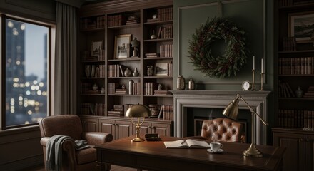 Naklejka premium A private home office with a wall of curated bookshelves and a tasteful wreath over the fireplace, rendered with a moody, dramatic lighting style and the city skyline outside blurred into a soft bokeh