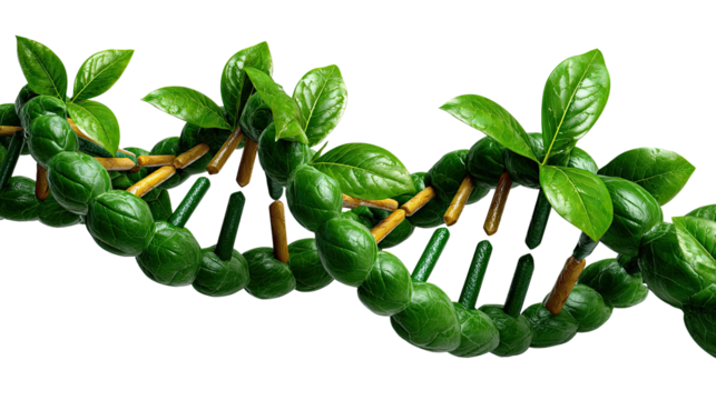 Green DNA: A striking conceptual depiction of the core of life, where plant leaves intertwine to represent the essence of growth and vitality, against a pristine background.