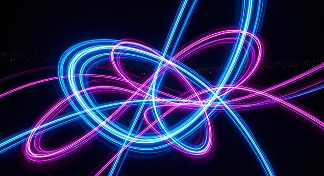 Abstract neon light trails on a dark background, creating dynamic patterns