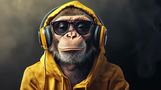 Cool monkey with sunglasses and headphones wearing a yellow hoodie.