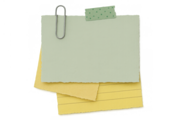 Stacked torn paper notes with copy space, fastened with paper clip and decorative tape on transparent background