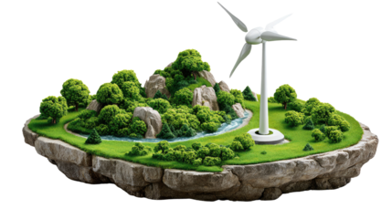 Eco-Island: A miniature island showcases sustainable living with a wind turbine providing clean energy. lush greenery, and a pristine stream flowing through the landscape.