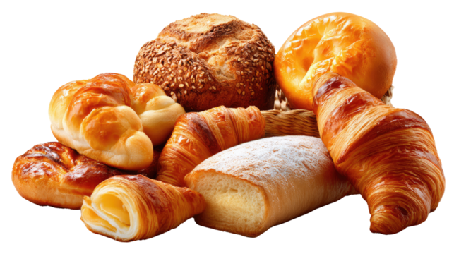 Golden Bakery Delights: An array of freshly baked, golden-brown pastries and bread, showcasing the variety of textures and culinary art. A still-life captures the essence of indulgence and warmth