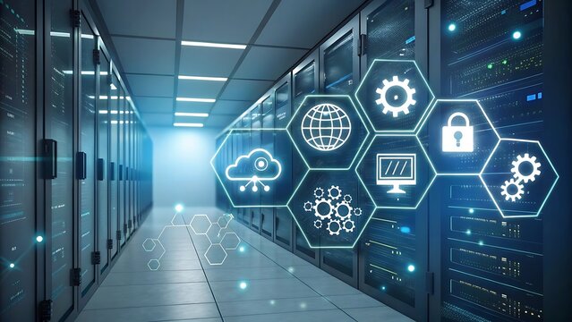 Data Center with Cloud Computing and Cybersecurity Icons