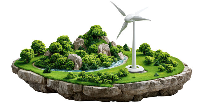 Eco-Island: A miniature island showcases sustainable living with a wind turbine providing clean energy. lush greenery, and a pristine stream flowing through the landscape.