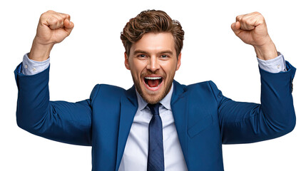 Joyful Victory: An ecstatic individual exults in a moment of triumph, his face alight with jubilation and triumph. his raised fists and broad grin radiate a feeling of accomplishment.