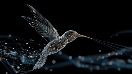 Fototapeta premium A hummingbird with intricate patterns on its wings and body, flying against a black background with a network of lines and dots, creating a sense of motion and energy.