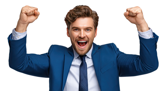 Joyful Victory: An ecstatic individual exults in a moment of triumph, his face alight with jubilation and triumph. his raised fists and broad grin radiate a feeling of accomplishment.