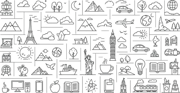 Outline drawing showing landmarks and travel icons in a repeating pattern on a white background