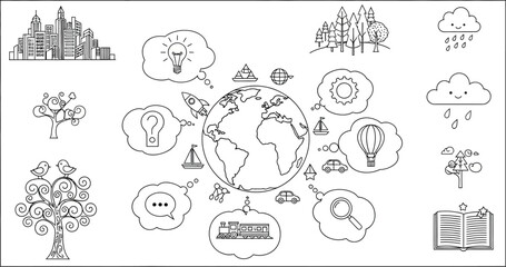 Black and white outline drawing featuring earth surrounded by various icons and thought bubbles design
