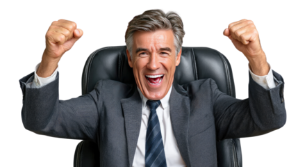 Business Success: A successful executive, beaming with unbridled joy, celebrates a victory while seated in a sophisticated office chair.