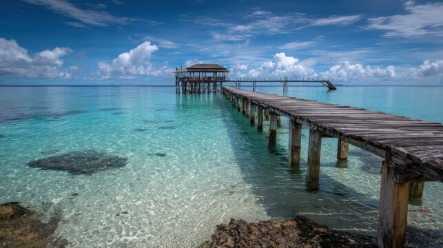 A wooden pier extending into a clear, turquoise ocean with a small, wooden building at the end, surrounded by rocky shoreline and a blue sky with white clouds.