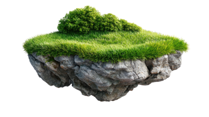 Floating Island of Nature: A whimsical view of a unique rock and vegetation floating island, with lush grass and verdant bushes. This image brings together the beauty of nature in an unusual concept.