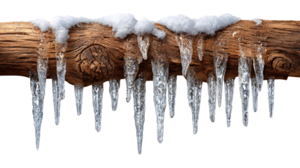 Icicle Majesty: Nature's frozen art of a log adorned with a crown of snow, glistening icicles hanging down, creating a magical winter scene.
