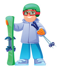 Cute boy holding skis and ski poles wearing helmet and winter clothes for winter recreation. Vector cartoon character illustration