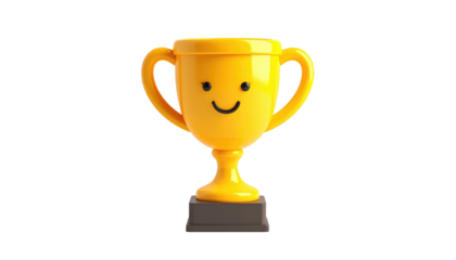Glossy yellow cartoon trophy cup with a smiley face, on a black background, with a shiny, reflective texture