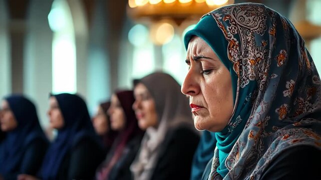 Muslim women praying in a mosque, heads covered in hijabs, in quiet contemplation.