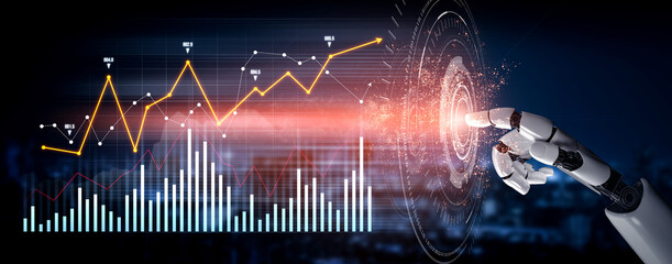 A futuristic robotic hand interacts with data visualizations illustrating financial trends and growth metrics in a modern business landscape. Scalp