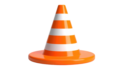 3D rendering of an orange traffic cone with white stripes, centered on a black background, highly glossy