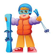 Happy boy holding skis and poles wearing a helmet, vest, and warm winter outfit. Vector cartoon character illustration