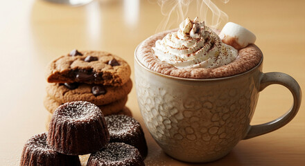 Freshly made hot chocolate in a ceramic mug, paired with sweet treats like cookies and mini cakes