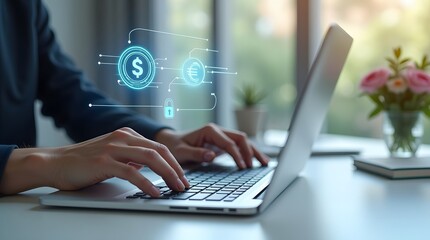 Obraz premium Secure Online Transactions Person Typing on Laptop with Digital Currency Icons Hovering Above the Keyboard