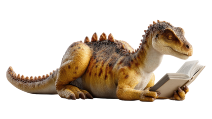 Educated Dinosaur: A scholarly dinosaur sits immersed in knowledge, its eyes fixed on the pages of an open book. This image speaks to curiosity, learning, and the pursuit of wisdom.