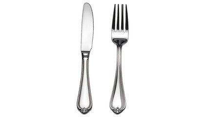 Knife and fork setting, silver, detailed handles, against a black background, clean and simple presentation