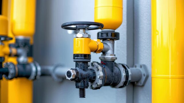 Industrial valve yellow pipe metal fitting control wheel gas pipeline safety equipment shutoff valve plumbing mechanical engineering pipeline gas