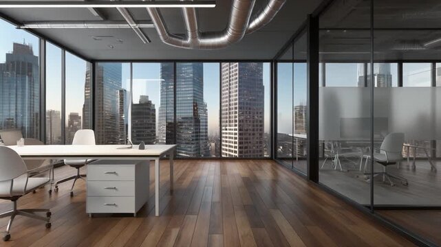 Modern Office Space with City View and Minimalist Design.