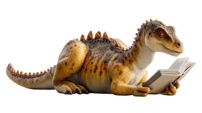 Educated Dinosaur: A scholarly dinosaur sits immersed in knowledge, its eyes fixed on the pages of an open book. This image speaks to curiosity, learning, and the pursuit of wisdom.