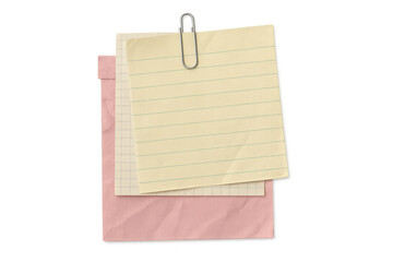 Stack of layered note papers with a paper clip, blank lined and graph sheets for reminders, messages, ideas