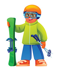 Happy boy holding skis and poles wearing a helmet and light winter jacket. Vector cartoon character illustration