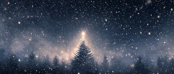 Deep blue night sky with shining stars, glowing Christmas tree outline, and falling snow — magical atmosphere.