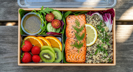 Top view of a delicious lunch box containing mixed greens, salmon, quinoa, and vibrant fruit slices