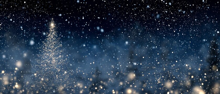 Deep blue night sky with shining stars, glowing Christmas tree outline, and falling snow — magical atmosphere.