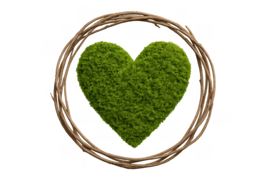 Green moss heart with rustic wooden wreath on transparent background representing nature, love, and ecology