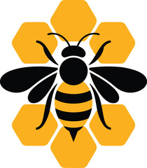 Stylized silhouette of a bee on a yellow honeycomb pattern